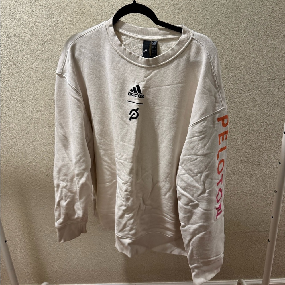 Adidas White Crewneck Sweater with Peloton Logo